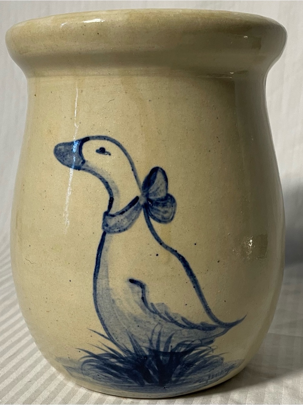 Blue-Accent Ceramic Goose/Duck Crock - Unbranded